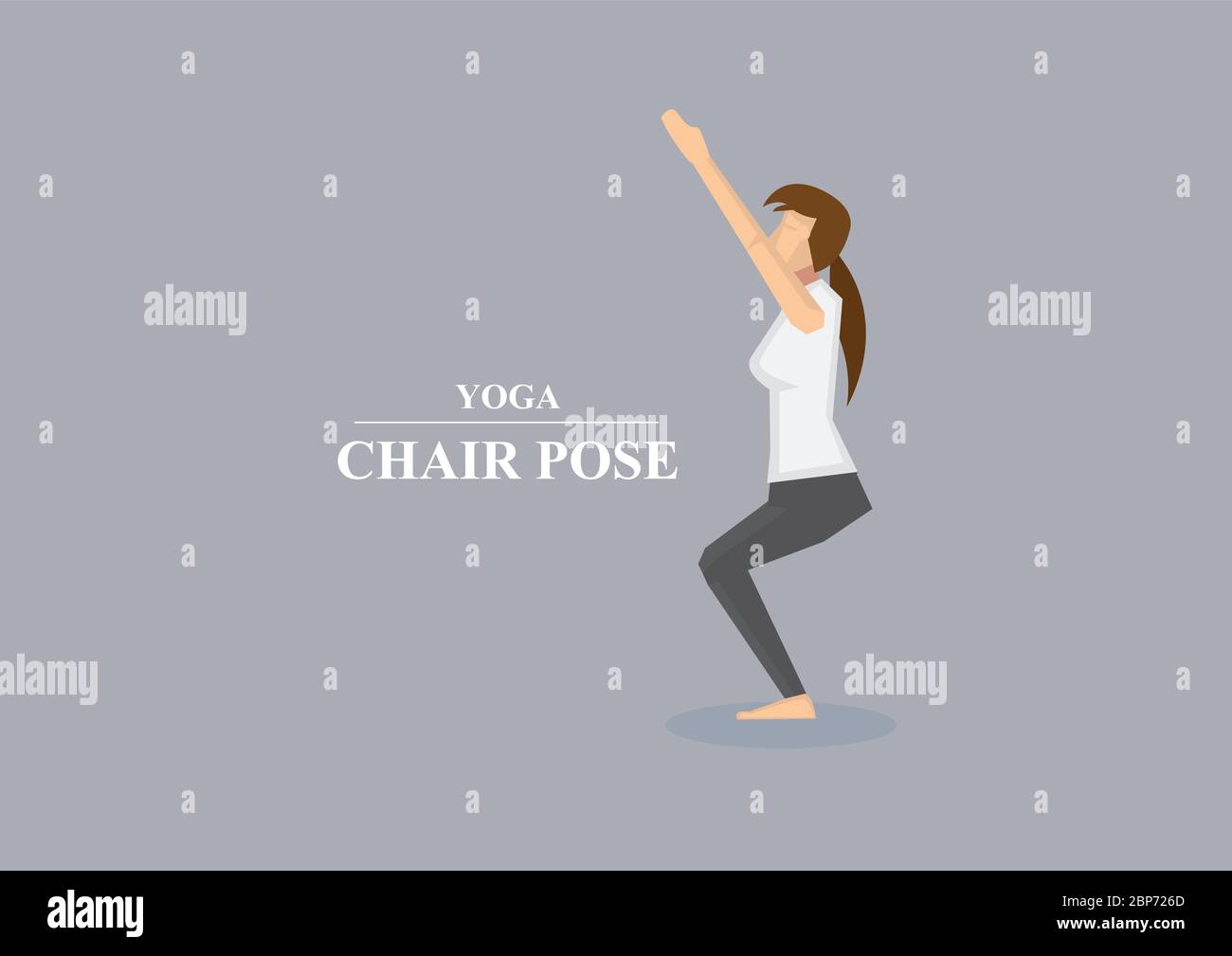 Vektor-Illustration von sportlichen Frauen balancieren auf gebeugten Knien mit ausgestreckten Armen in Yoga-Stuhl Pose isoliert auf schlichten grauen Hintergrund Stock Vektor