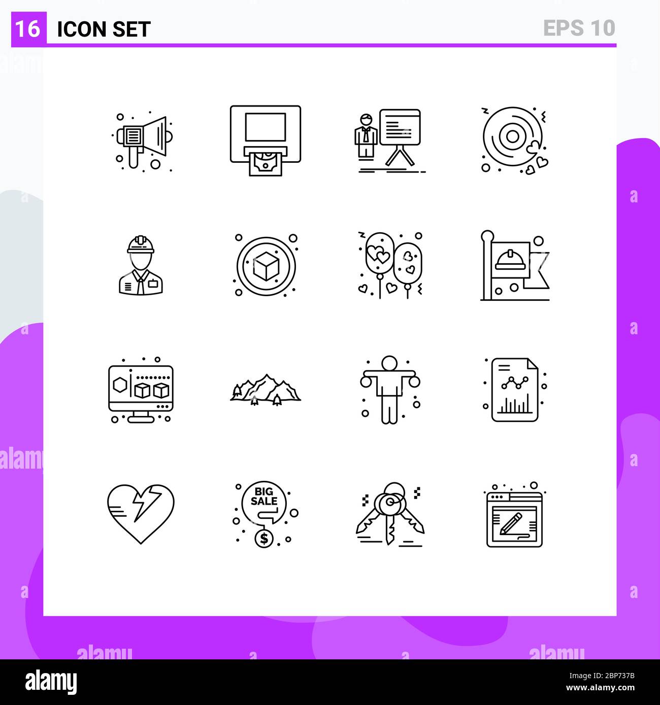 Set von 16 modernen UI-Symbole Symbole Zeichen für Arbeiter, Liebe, Präsentation, Herz, Fortschritt editierbare Vektor Design-Elemente Stock Vektor