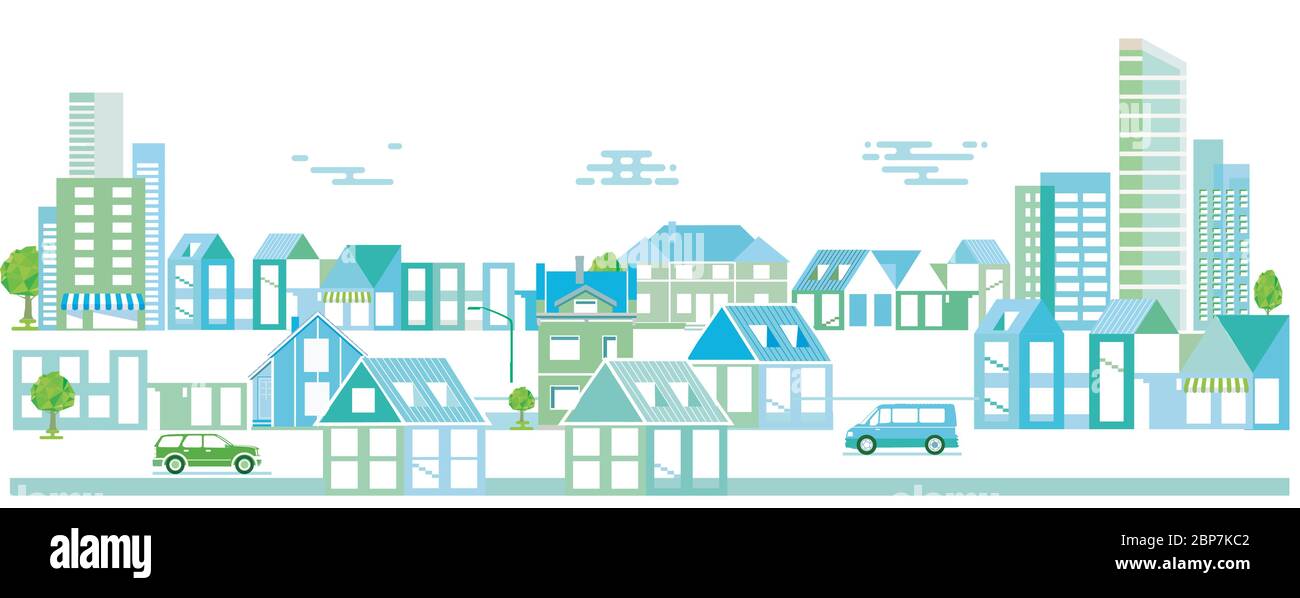 Stadtsilhouette mit Wohngebäude, Häusern, Stadtbild-Panorama Stock Vektor