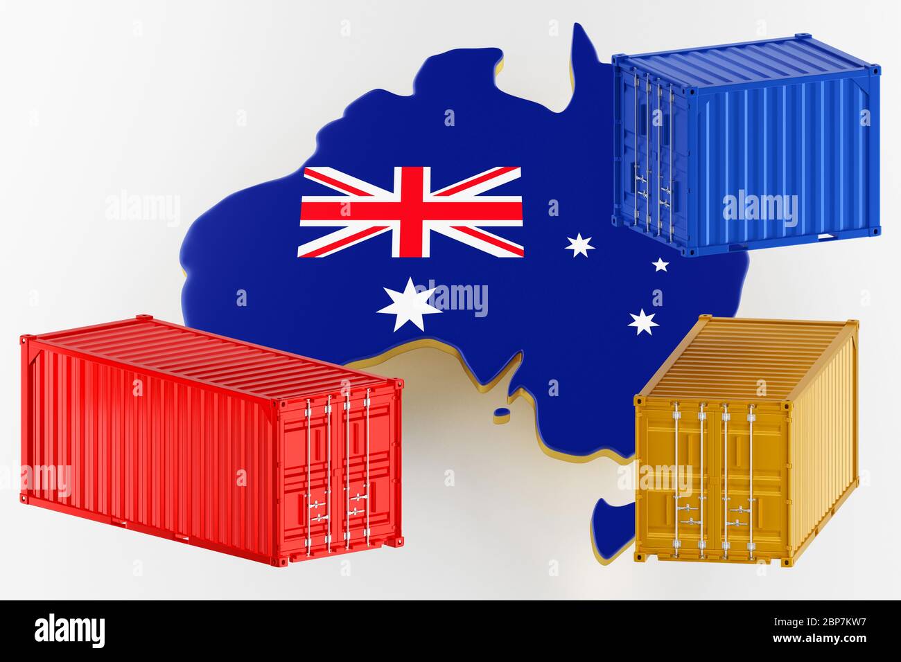 3D-Karte von Australien. Frachtversand in Containern. Export aus dem Land in Containern. 3d-Rendering Stockfoto
