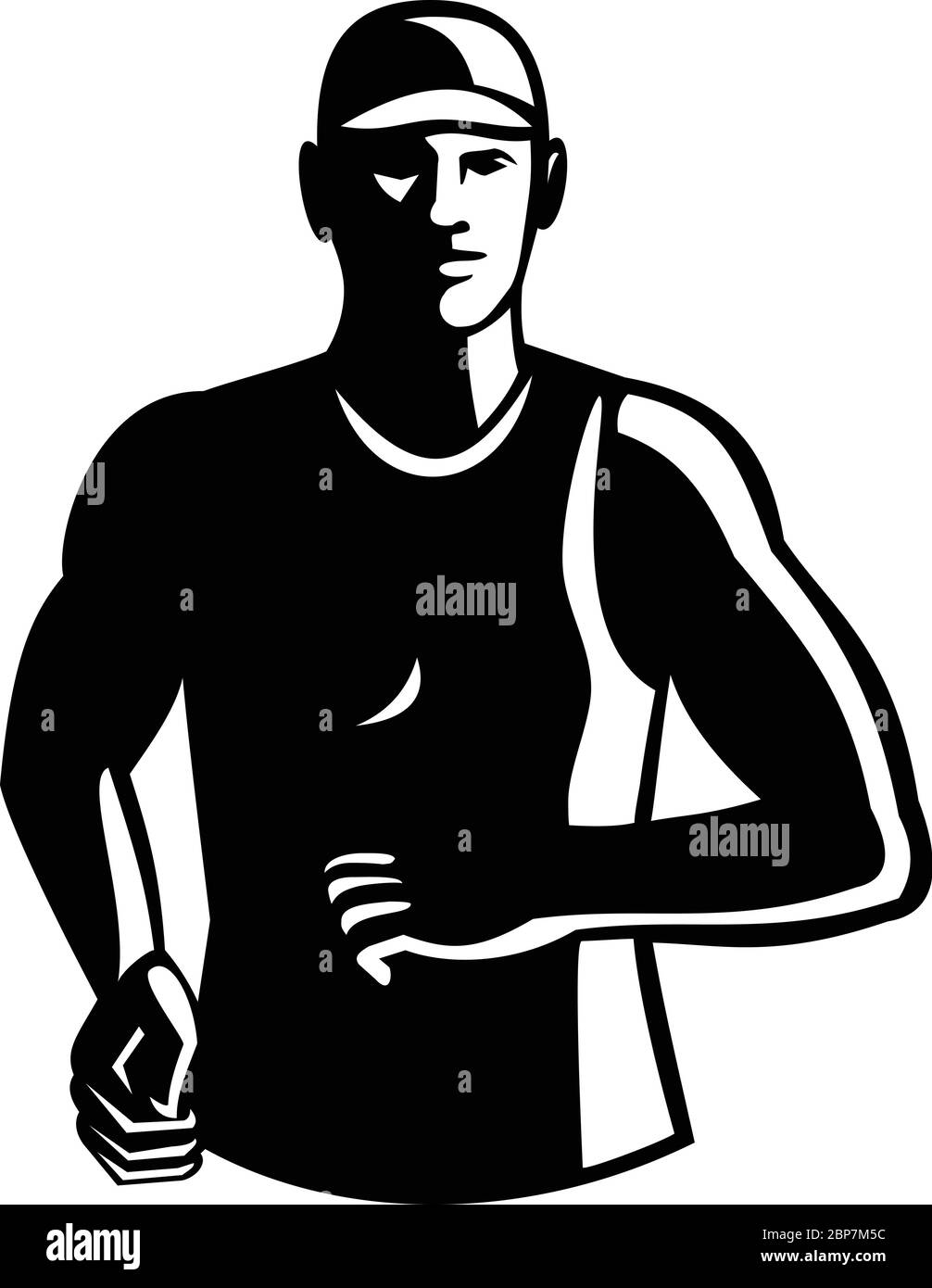Schwarz-Weiß Illustration eines männlichen Athleten Marathon Läufer mit Blick auf die Vorderseite Set im Retro-Stil gemacht. Stock Vektor
