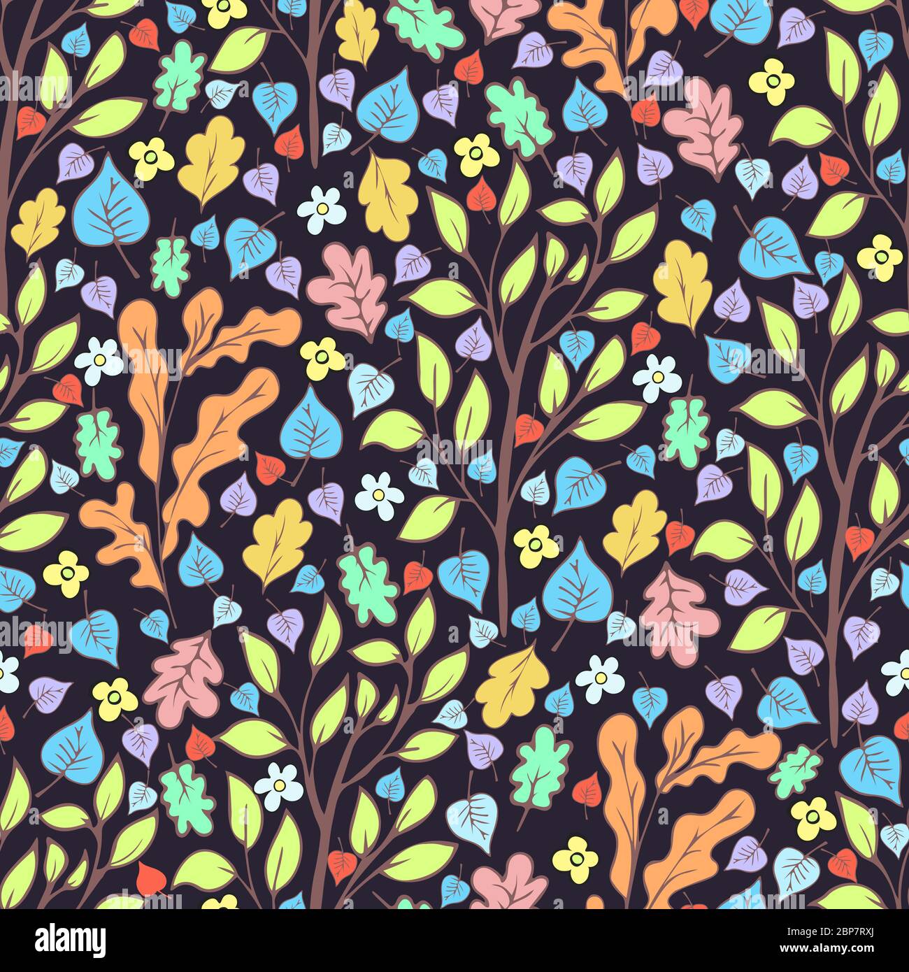 Baum Laub und Blumen, Äste und Blätter nahtlose Muster, Doodle Cartoon natürlichen Hintergrund, Hand Zeichnung. Mehrfarbiger Herbst, Frühling und Summ Stock Vektor