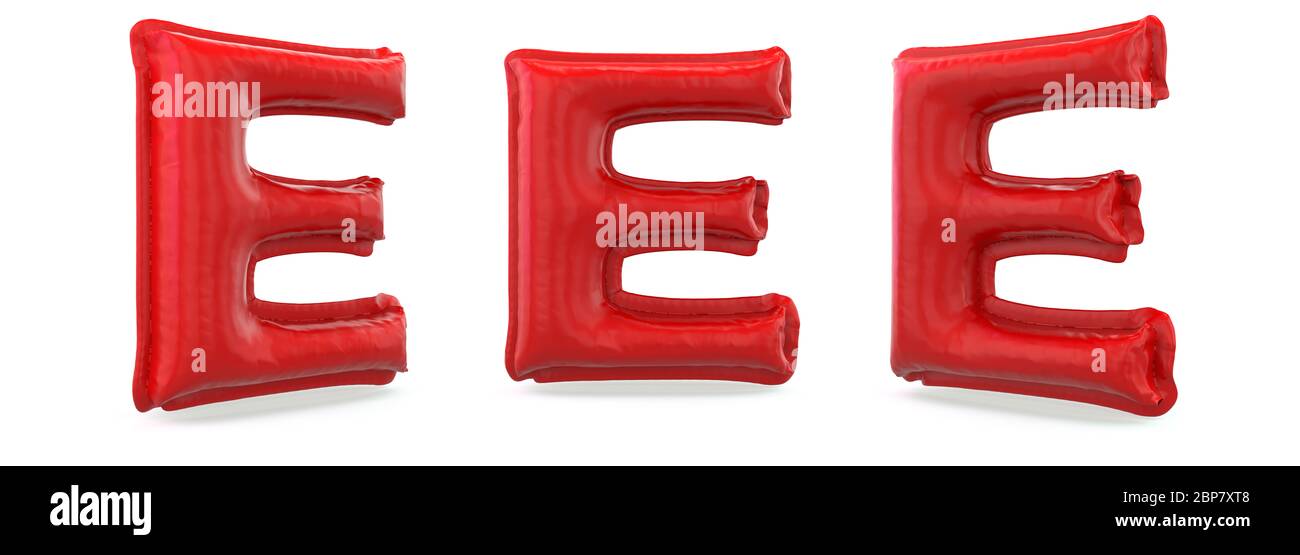 Großbuchstaben E. Großbuchstaben. Aufblasbarer roter Ballon auf Hintergrund. 3D-Rendering Stockfoto