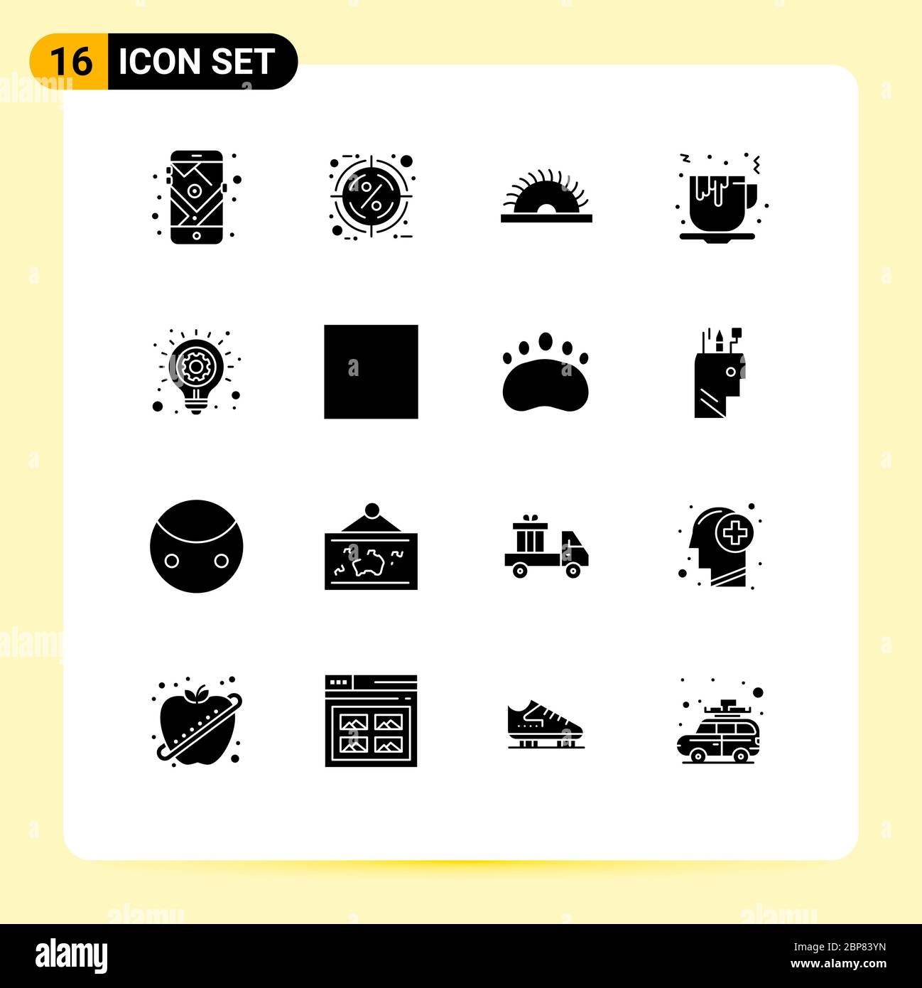 16 Universal Solid Glyph Zeichen Symbole der Glühbirne, Fast Food, Ziel, Tee, Utensilien editierbar Vektor Design-Elemente Stock Vektor