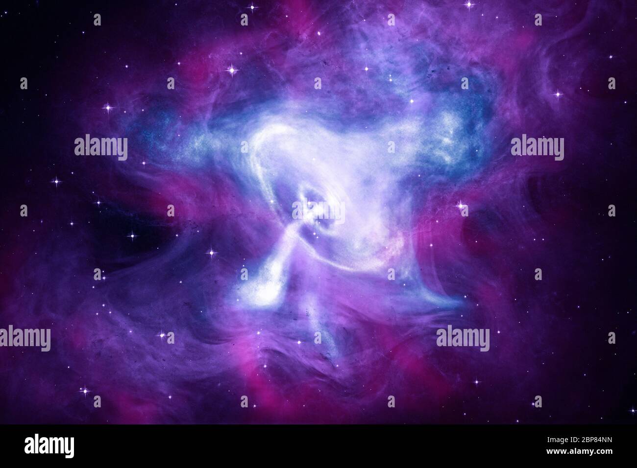 Ein neues Komposit-Bild des Krabbennebels zeigt Röntgenstrahlen von Chandra (blau und weiß), optische Daten von Hubble (lila) und Infrarotdaten von Spitzer (rosa). Chandra hat wiederholt beobachtet, die Krabbe, da das Teleskop ins All gestartet wurde im Jahr 1999. Der Krabbennebel wird von einem schnell drehenden, hochmagnetisierten Neutronenstern, einem Pulsar, angetrieben. Die Kombination aus schneller Rotation und einem starken Magnetfeld in der Krabbe erzeugt ein intensives elektromagnetisches Feld, das Strahlen aus Materie und Antimaterie erzeugt, die sich vom Nord- und Südpol weg bewegen und einen intensiven Wind erzeugen, der ou fließt Stockfoto