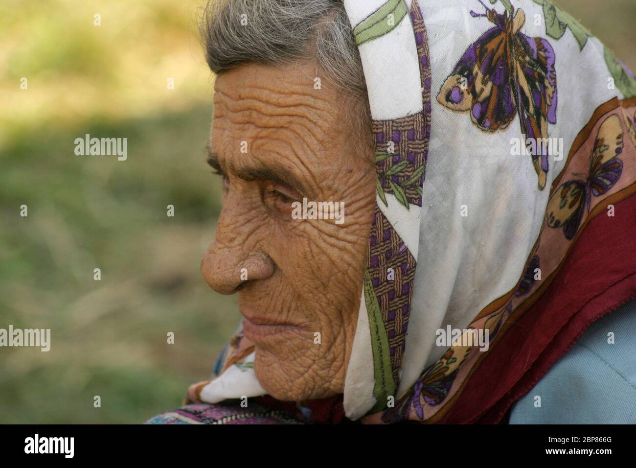 Sibiu County, Rumänien. Porträt einer alten Frau mit faltendem Gesicht, die ein Taschentuch trägt. Stockfoto