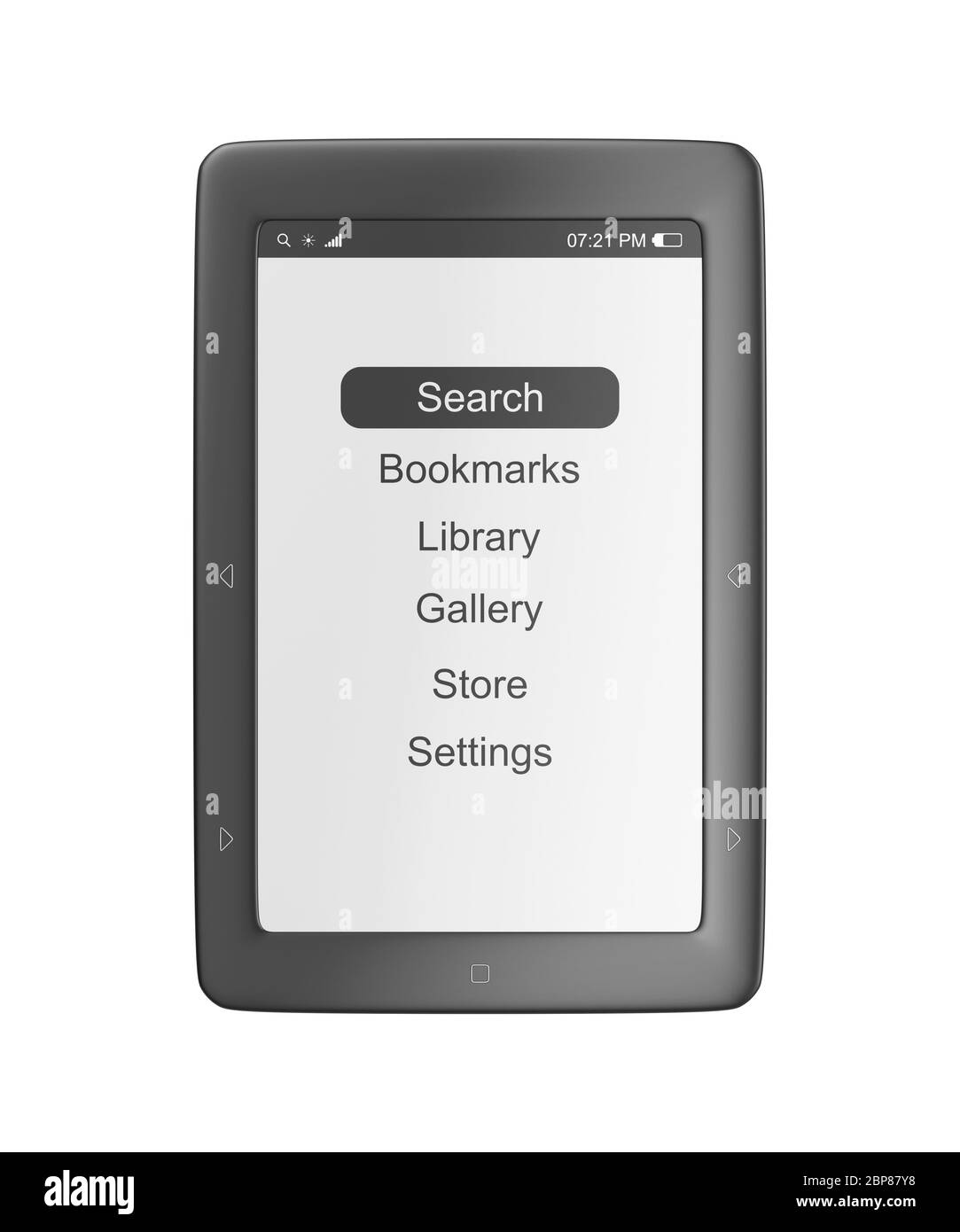Vorderansicht des E-Book-Readers, isoliert auf weißem Hintergrund Stockfoto