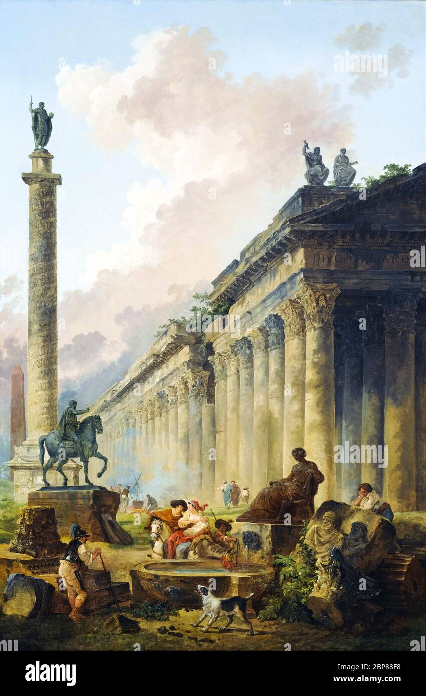 Imaginärer Blick auf Rom mit der Reiterstatue von Marcus Aurel, der Trajanssäule und einem Tempel, Landschaftsgemälde von Hubert Robert, 1786 Stockfoto