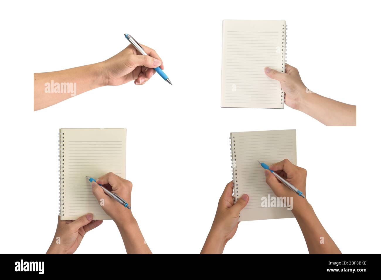 Handgeschrieben auf dem Notebook isoliert auf weiß. Sammlung von Hand halten Stift und Notizblock. Stockfoto