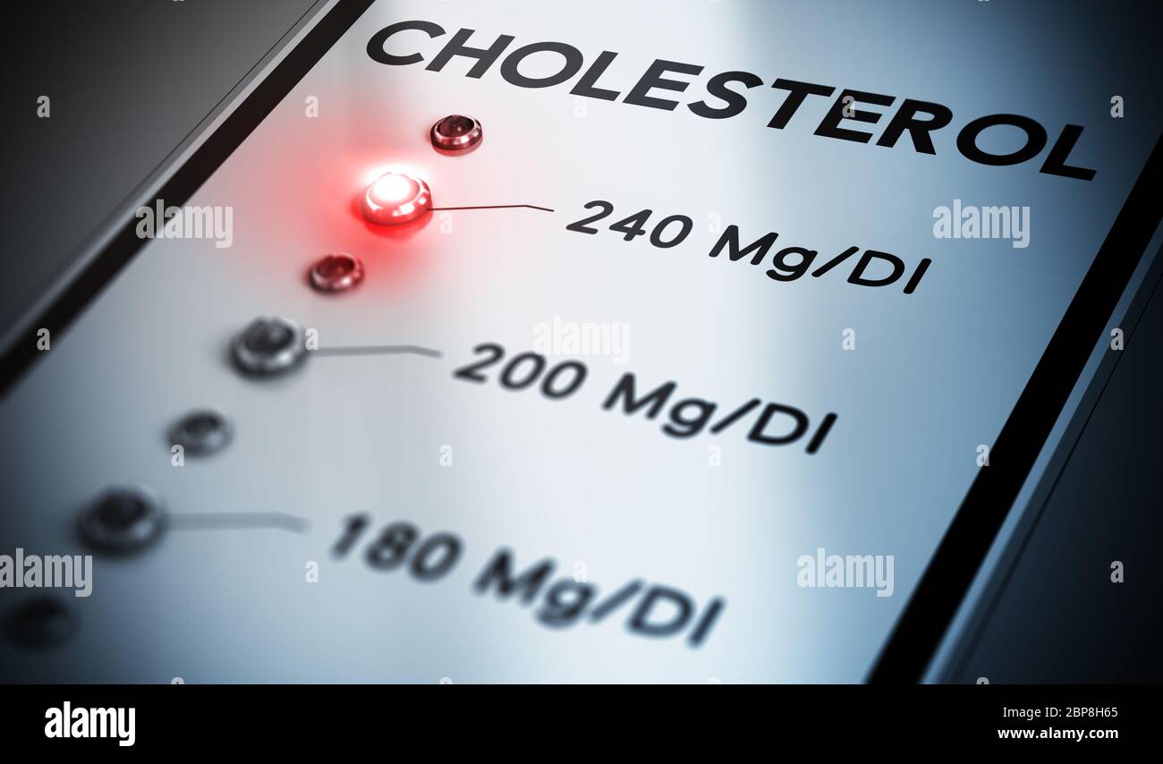 Illustration des Cholesterintests mit Rotlicht und Blur-Effekt. Laboruntersuchungen. Stockfoto