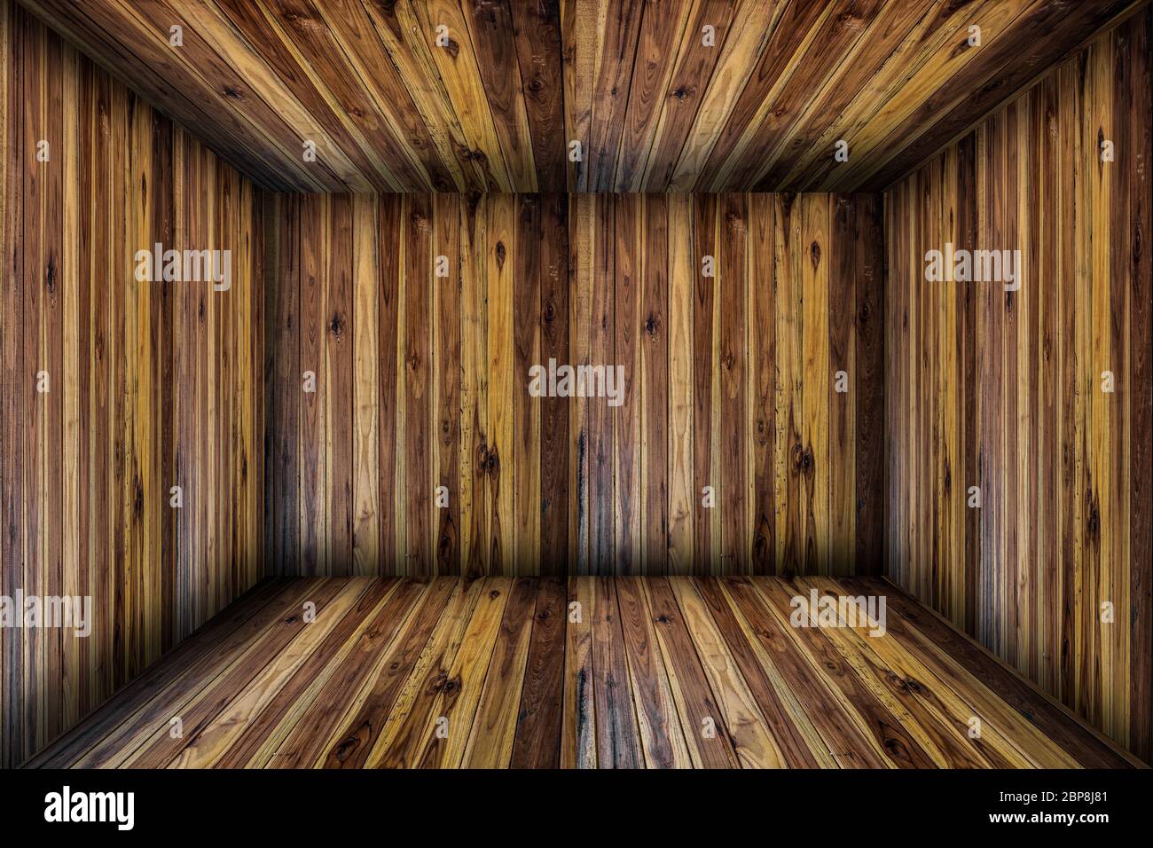 In einem leeren Holzraum, Holzkiste Hintergrund. Interieur im Vintage-Stil. Stockfoto