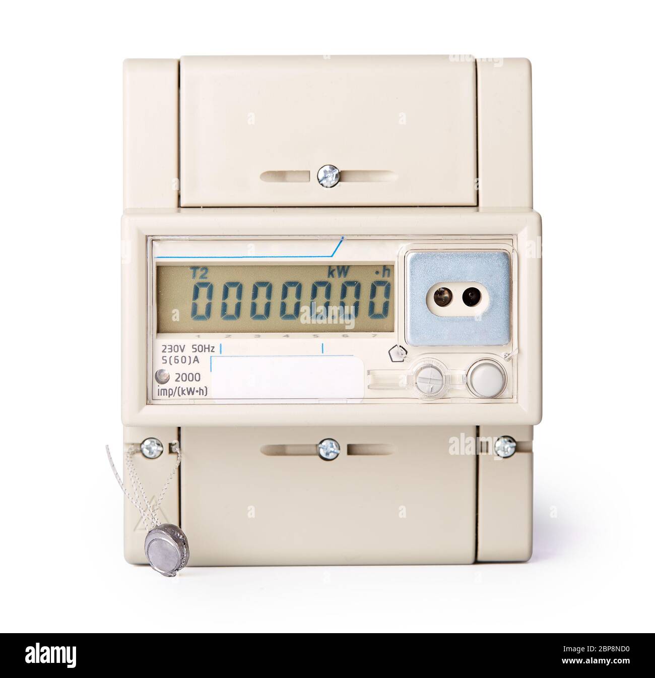 Gerät zur Messung des Stromverbrauchs. Stromzähler auf einem weißen Hintergrund. Stockfoto