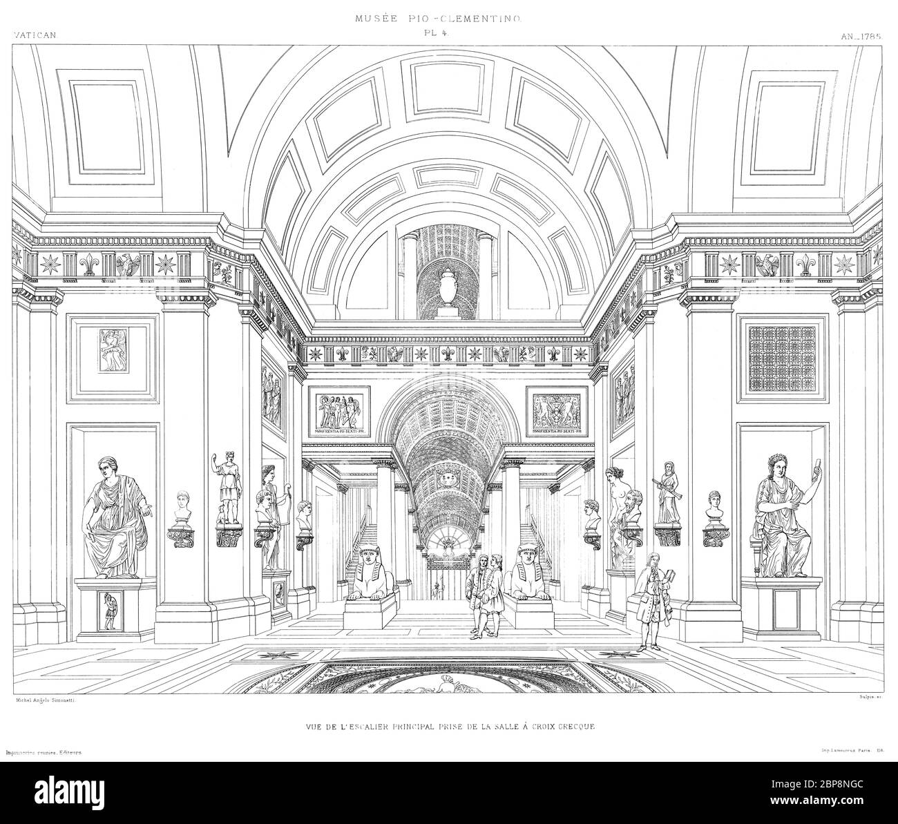Rom, Vatikan: Museum Pio Clementino. Blick auf die Haupttreppe aus dem Raum des griechischen Kreuzes Halle 1785, aus dem Vatikan 1882. Stockfoto
