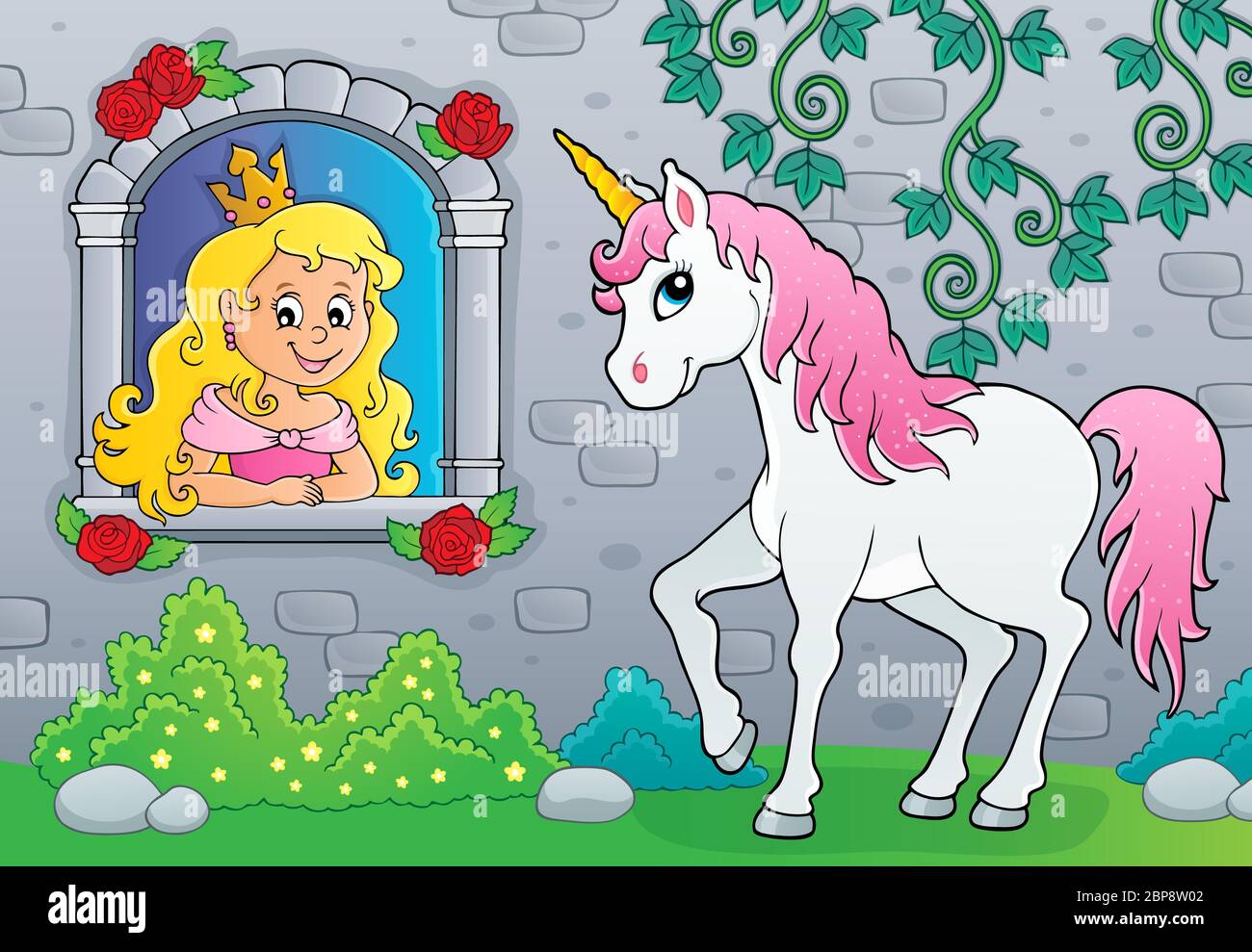 Prinzessin im Fenster und Einhorn Thema 2 - Bild Illustration