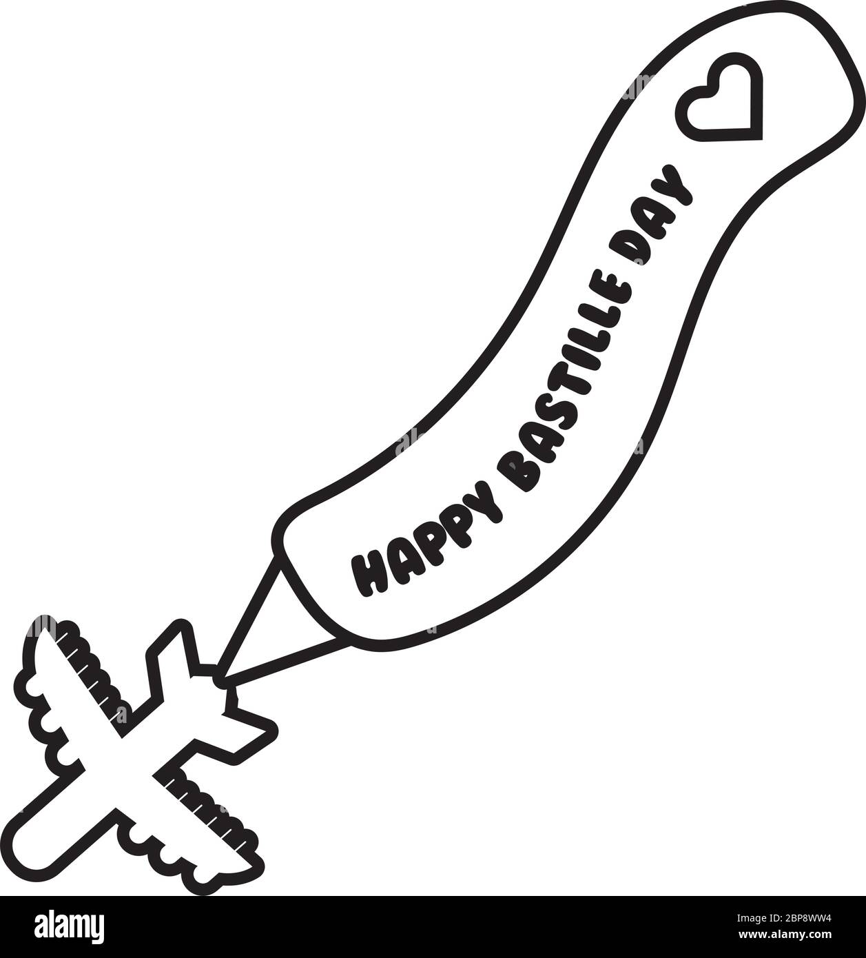 Flugzeug fliegen mit bastille Tag Schriftzug Linie Stil Stock Vektor