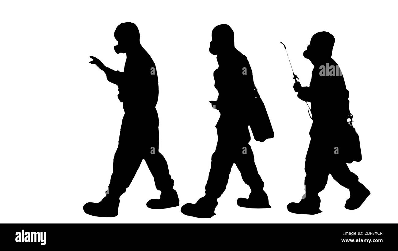 Silhouette Anti Coronavirus Desinfektion. Team von Virologen in Hazmatanzüge machen Plan der Desinfektion. Stockfoto