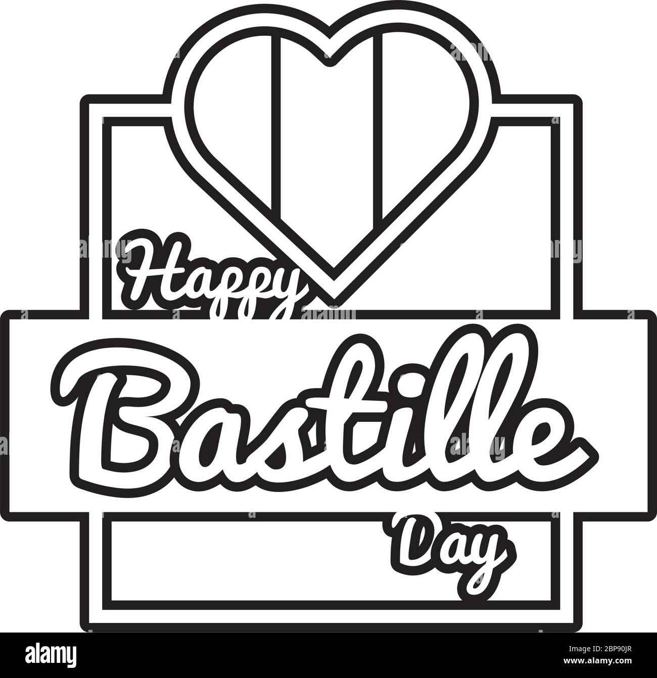 bastille Day Schriftzug in Herzlinienform Stock Vektor