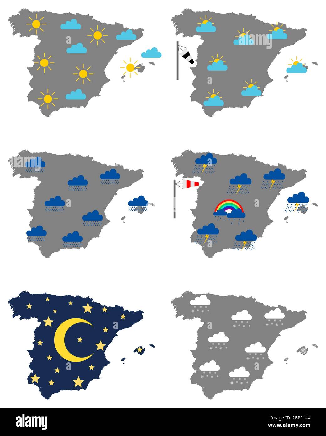 Karten von Spanien mit verschiedenen Wettersymbolen Stockfoto