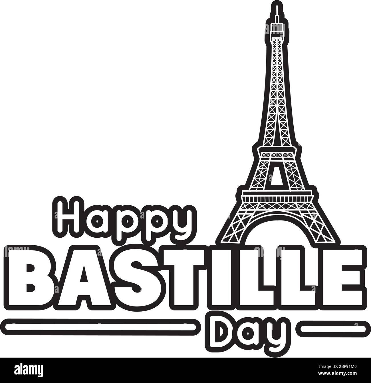 bastille Day Schriftzug mit eiffelturm-Linie Stil Stock Vektor