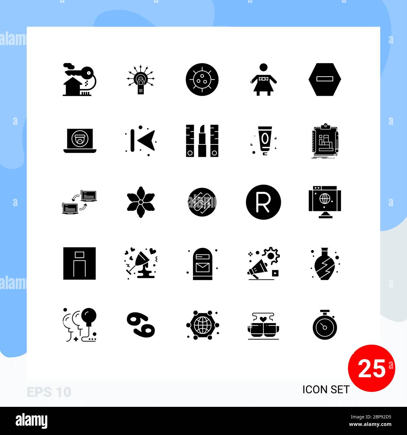 Universal Icon Symbole Gruppe von 25 Moderne feste Glyphen von Stop, Ban, Touch hier, Frau, Fliege editierbare Vektor Design-Elemente Stock Vektor