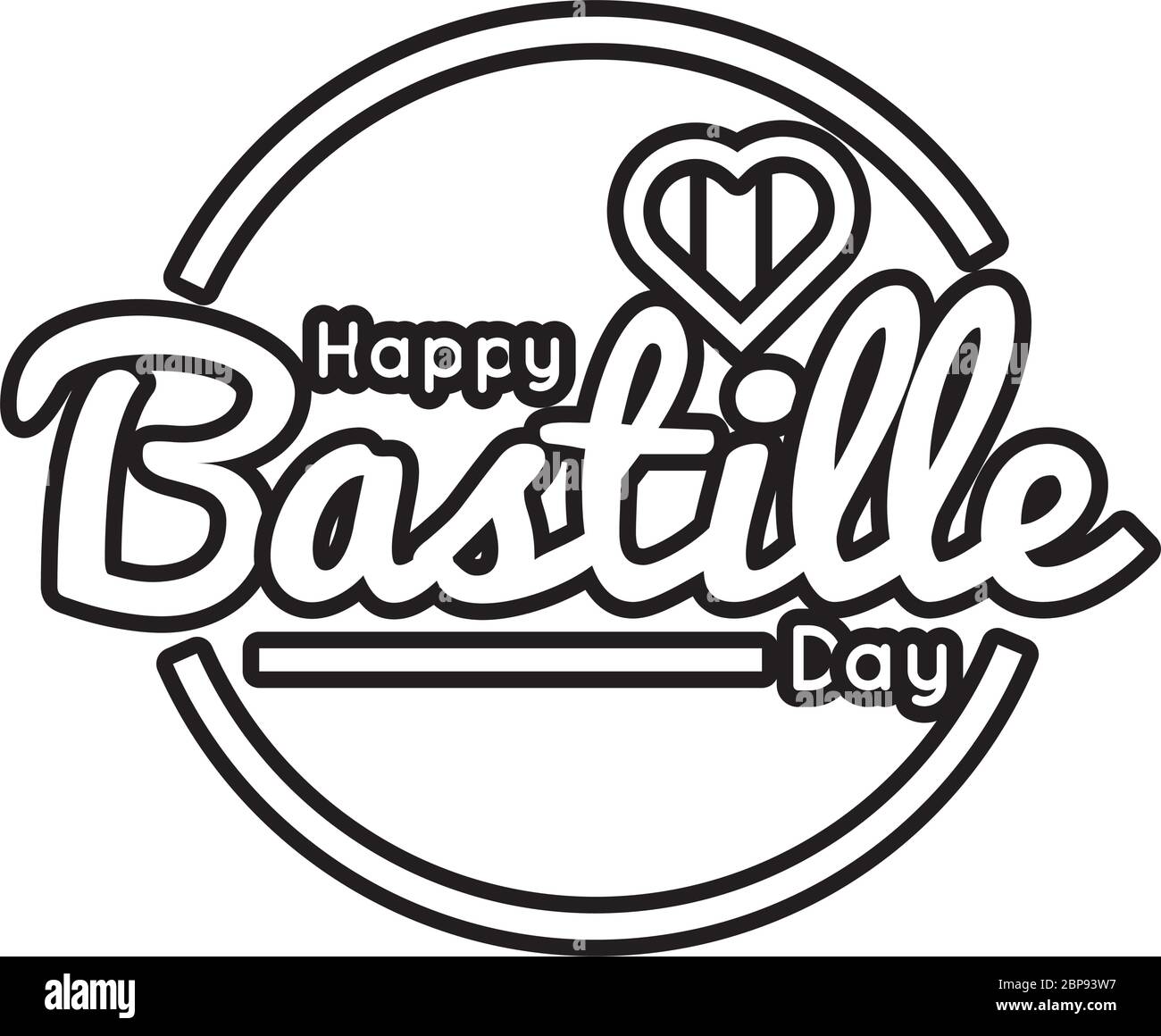 bastille Day Schriftzug in Herzlinienform Stock Vektor