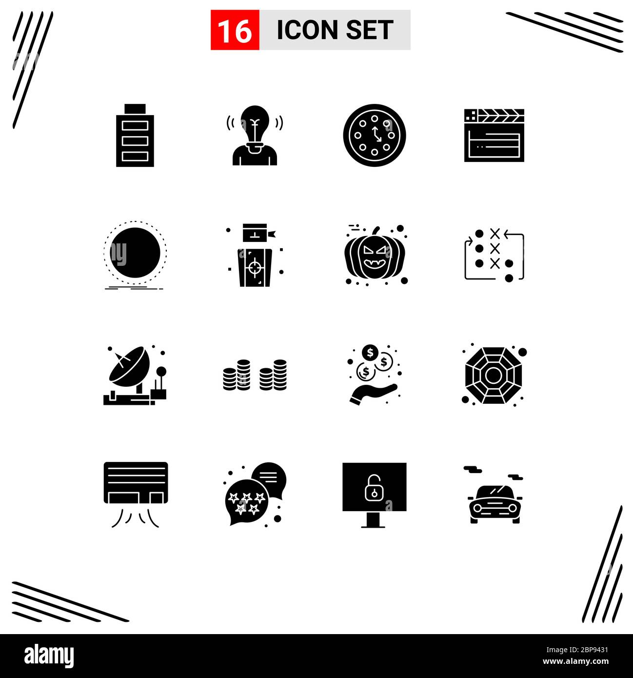 Packung mit 16 kreativen Solid Glyphen von Disc, usa, Uhr, Film, Timer editierbare Vektor Design-Elemente Stock Vektor
