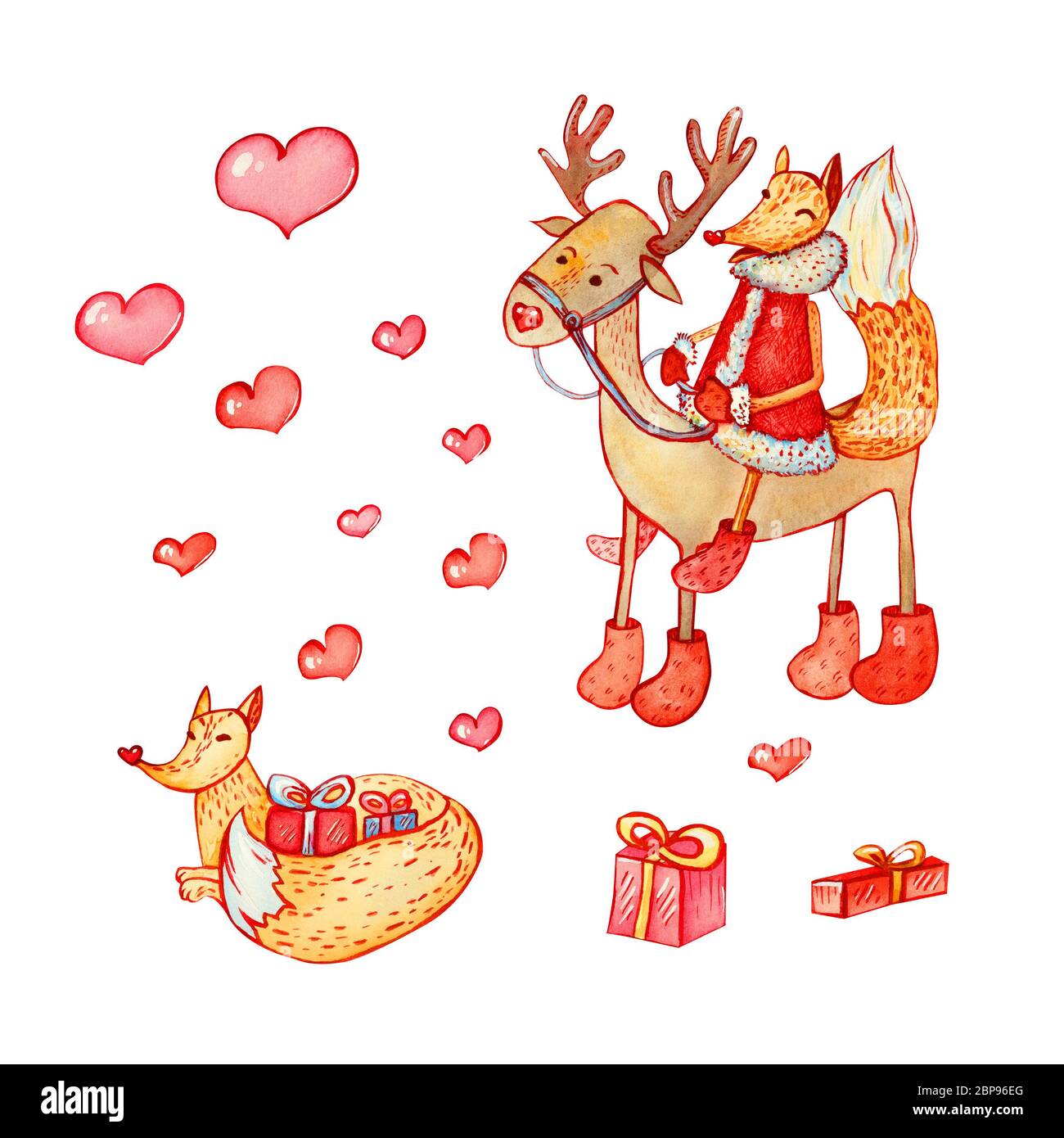 Red Fox sitzen auf einem Rentier. Weihnachten Zeichen mit Boxen mit einem Farbband und isolierten Herzen der Roten gebunden. Wald Tiere in warme Kleidung. Watercol Stockfoto