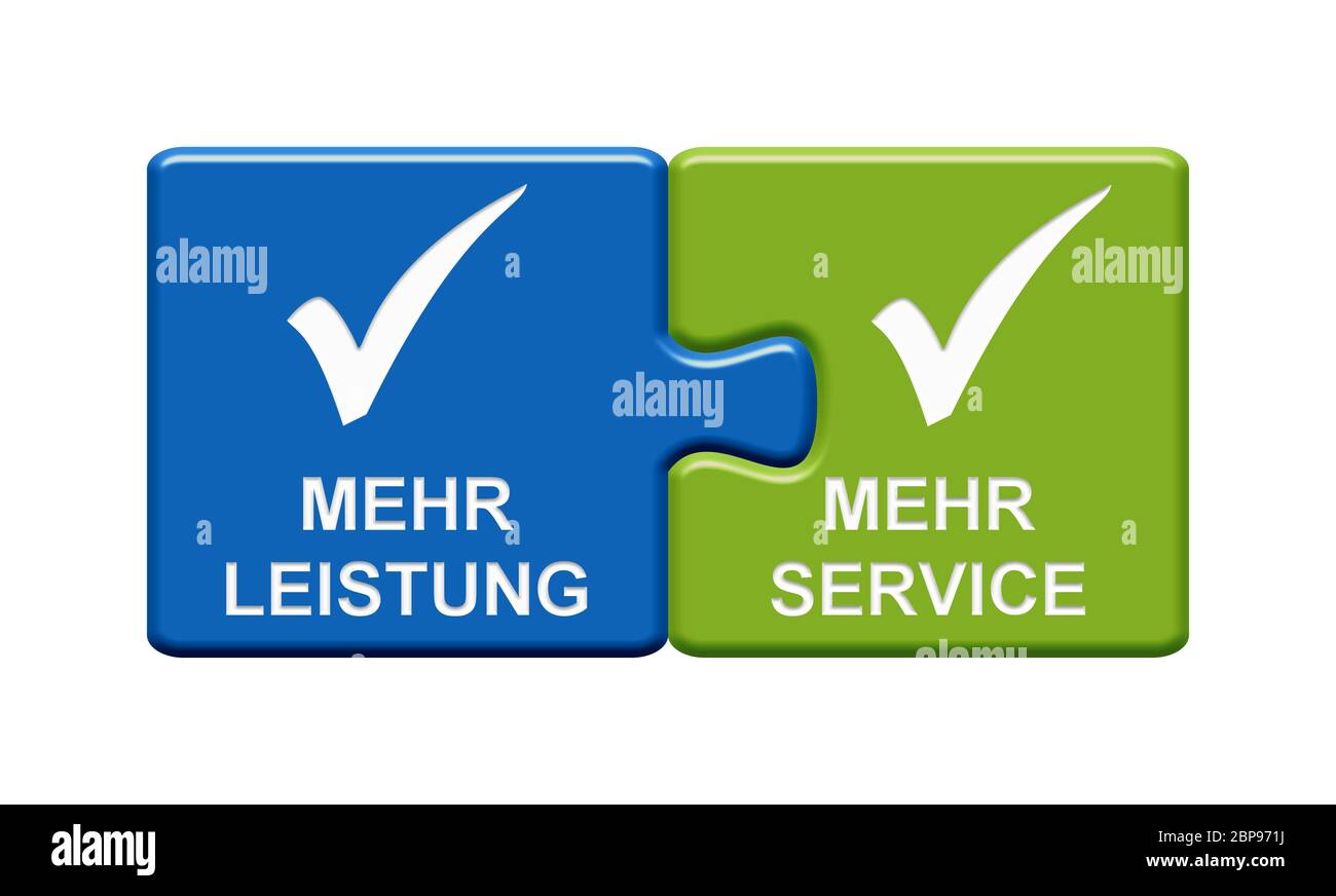 Isolierte Puzzle-Taste mit zwei Teilen zeigt Mehr Leistung und mehr Service mit Häkchen-Symbol in deutscher Sprache Stockfoto