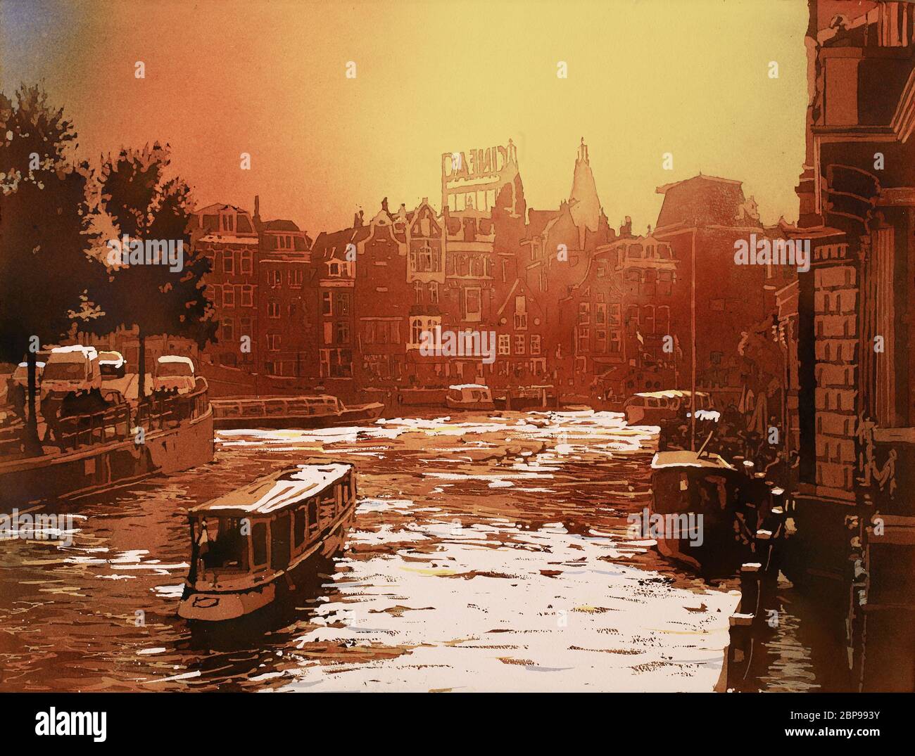 Sonnenuntergang über den Kanälen Des Alten Amsterdam. Aquarellgemälde von verkabelten Fassaden alter Architektur im Zentrum Amsterdams. Stockfoto