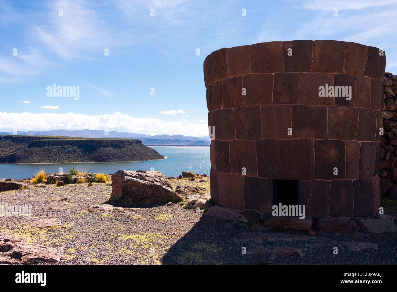 Uraltes Grab der indigenen Bevölkerung namens Sillustani in Puno, Süd-Peru. Baum Stockfoto