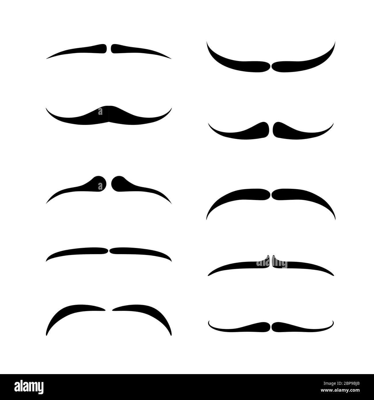 Schmales Schnurrbärtchen-Set. Schwarze Silhouette von erwachsenen Mann Schnurrbärte. Vektorgrafik isoliert auf weiß Stock Vektor