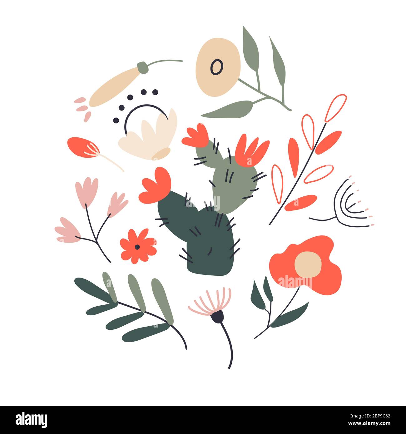 Musterset mit vielen verschiedenen tropischen exotischen Blättern, Pflanzen und Blumen auf weißem Hintergrund. Sammlung von fertigen und isolierten Vektor-Illustra Stock Vektor