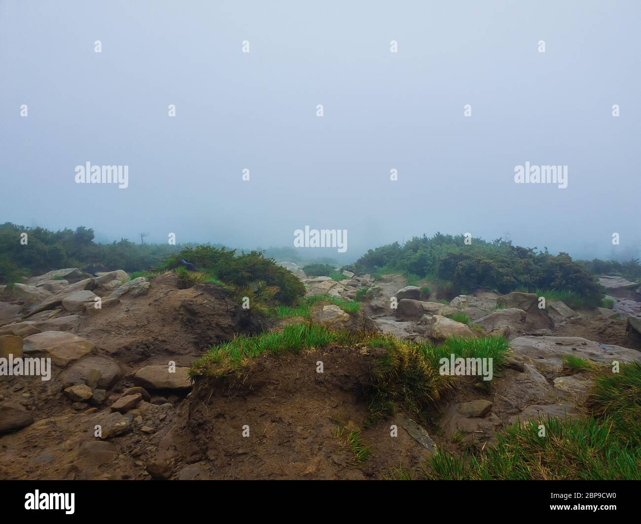 Muddy Berg Boden als eine Mischung aus Ton Steine und Pflanzen für den Frühling in den Bergen der Karpaten. Düstere neblige Landschaft mit niedrigen Vis Stockfoto