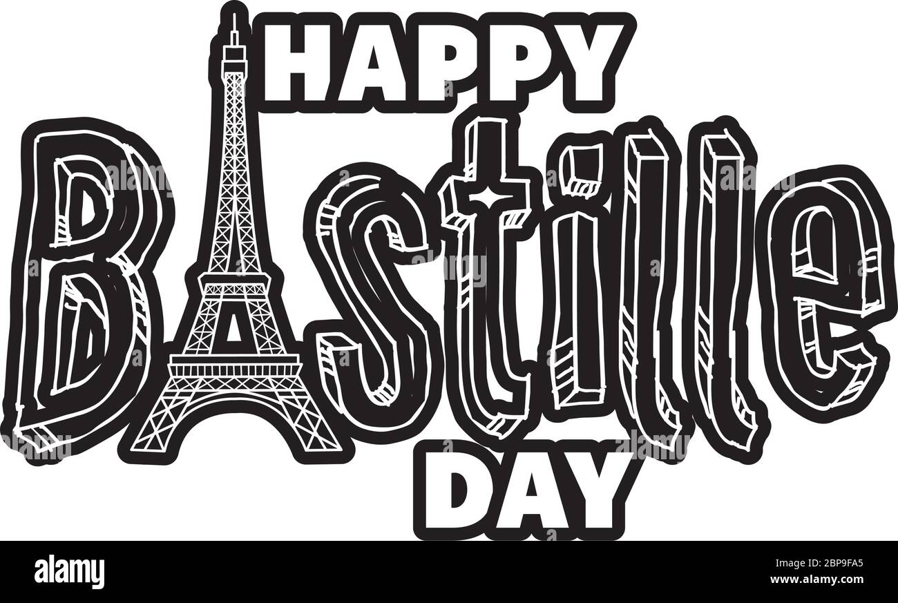 bastille Day Schriftzug mit eiffelturm-Linie Stil Stock Vektor