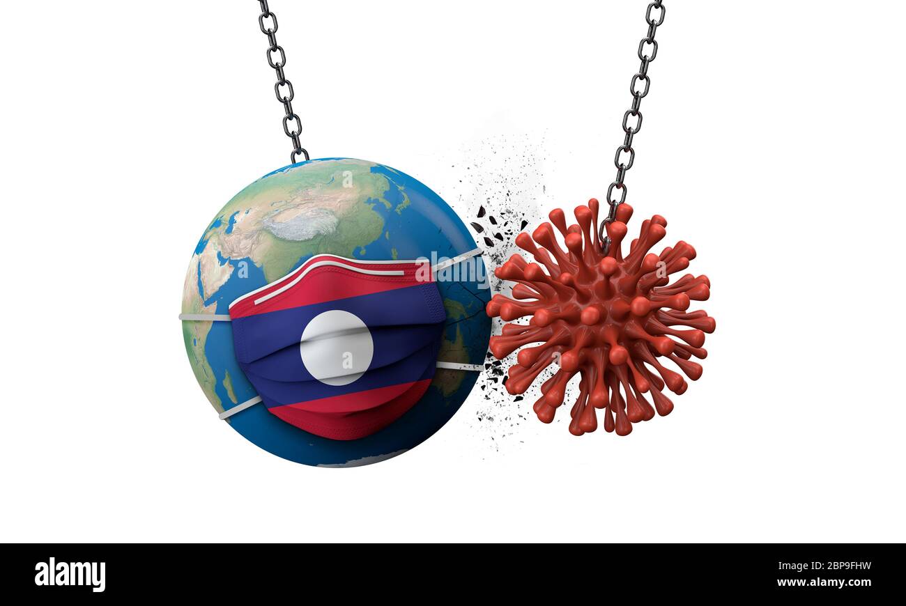 Coronavirus zerschmettern in die Welt mit einer Laos Gesichtsmaske. 3D-Rendern Stockfoto
