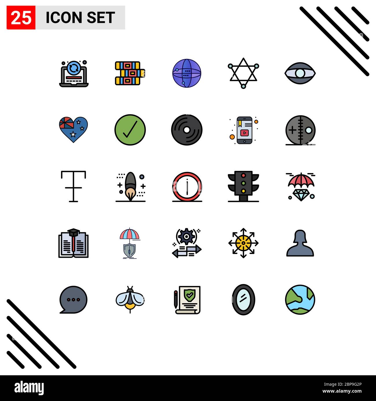 Universal Icon Symbole Gruppe von 25 modernen gefüllten Linie flache Farben der Vision, Gesicht, Internet, Auge, Wissenschaft editierbar Vektor Design-Elemente Stock Vektor