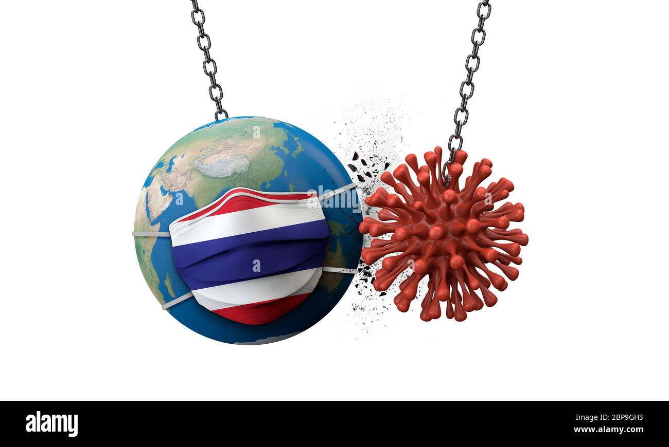 Coronavirus zerschmettern in die Welt mit einer Thailand Gesichtsmaske. 3D-Rendern Stockfoto