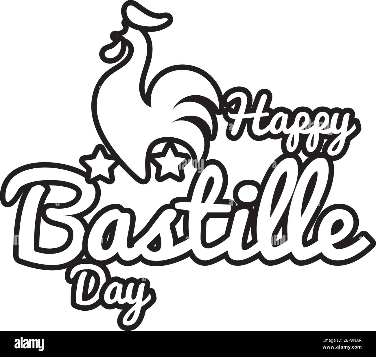 bastille Day Schriftzug mit Hahn Linie Stil Stock Vektor