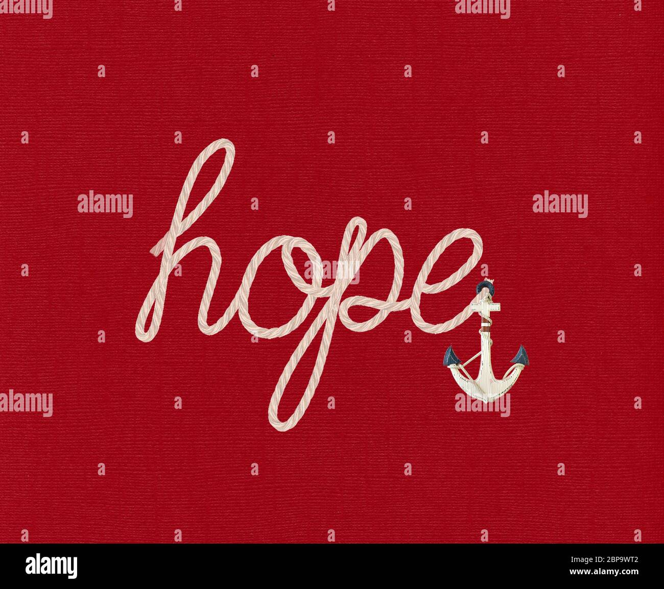 Hope Text in Seil-Design mit nautischen Anker auf rotem Hintergrund Stockfoto