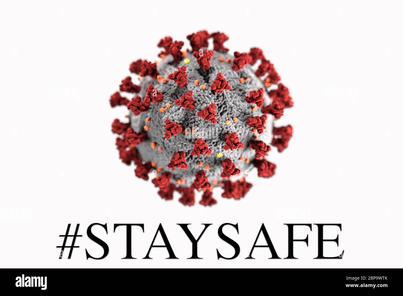 Viren auf weißem Hintergrund mit COVID-19 roten Blutkörperchen und anderen Viren mit #staysafe Text Stockfoto