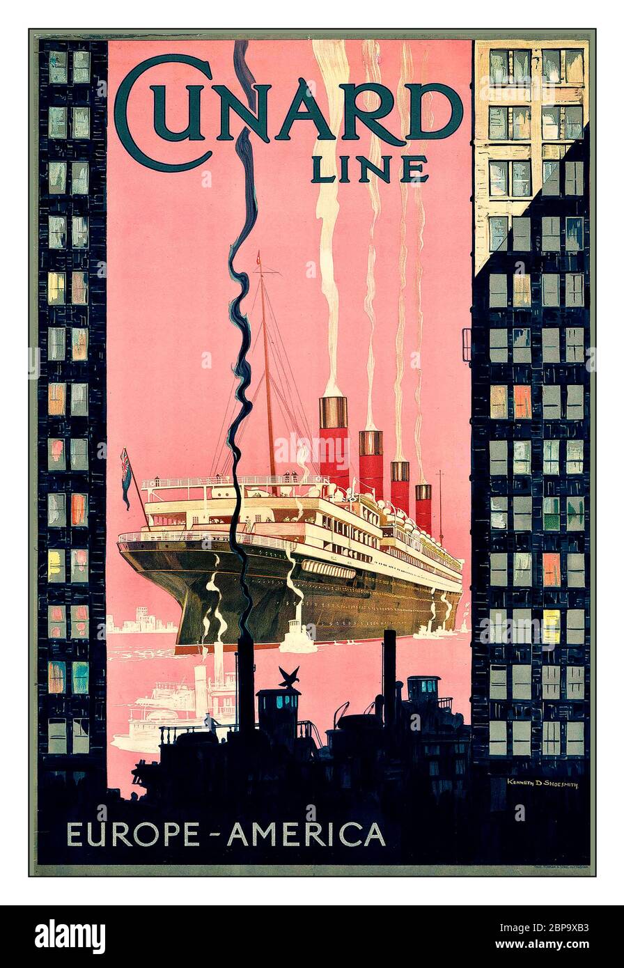 REISEKREUZFAHRTSCHEIN AUS den 1920er JAHREN CUNARD LINE, EUROPA-AMERIKA Lithographie in Farben, um 1925, von Kenneth Denton Shoesmith (1890-1939) gedruckt bei Forman & Sons, Nottingham, Stockfoto