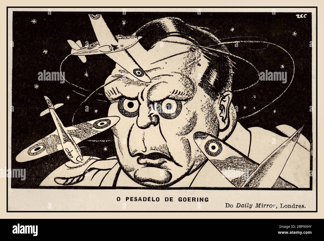 GOERING PROPAGANDA KARIKATUR 1940er Jahre Propaganda Flyer Postkarte Poster mit Nazi-Luftwaffenführer Goering mit RAF-Raumeln als seine Augen mit dem Titel der Albtraum von Goering gezeigt Stockfoto