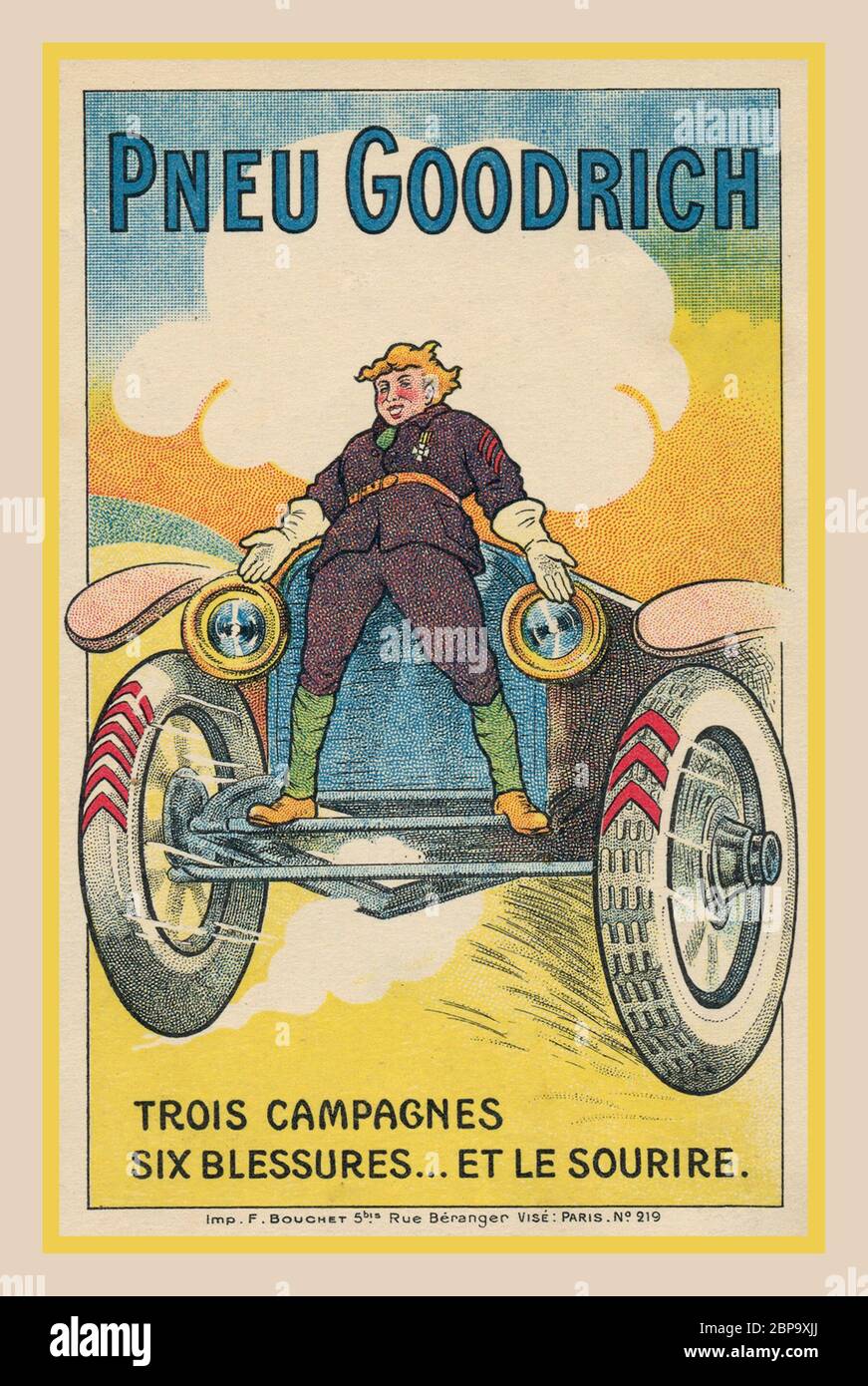 Vintage Französisch Reifen Werbung GOODRICH Trois campagnes Six Blessures et le sourire Paris Archiv Historisches 1900 Werbung Französisch Frankreich Stockfoto