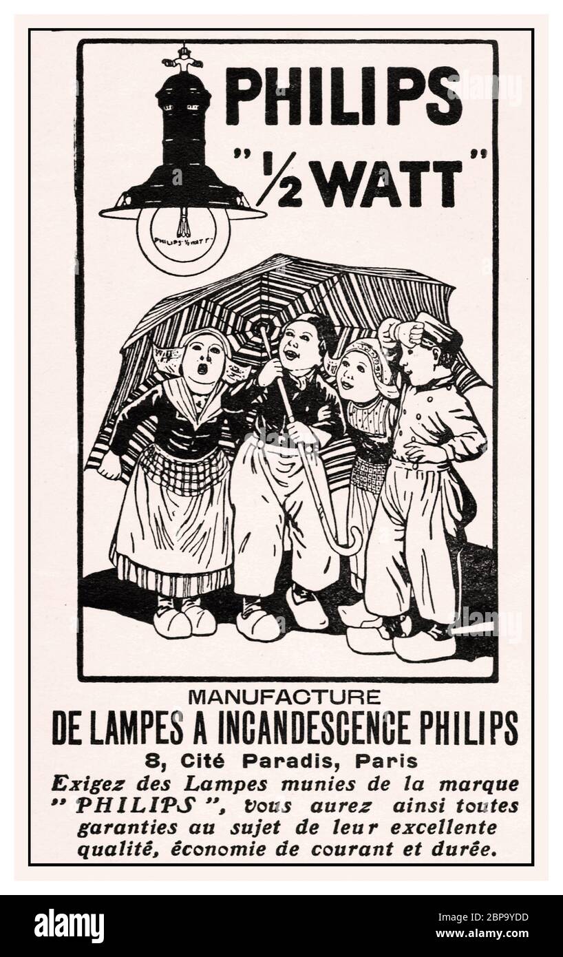 Vintage Historic Philips 1/2 Watt Glühlampe elektrische Archiv historische Presse Werbung L'ILLUSTRATION 12 Januar 1918. Hergestellt in Paris Frankreich von Philips mit ausgezeichneter Wirtschaftlichkeit und langer Lebensdauer. Stockfoto
