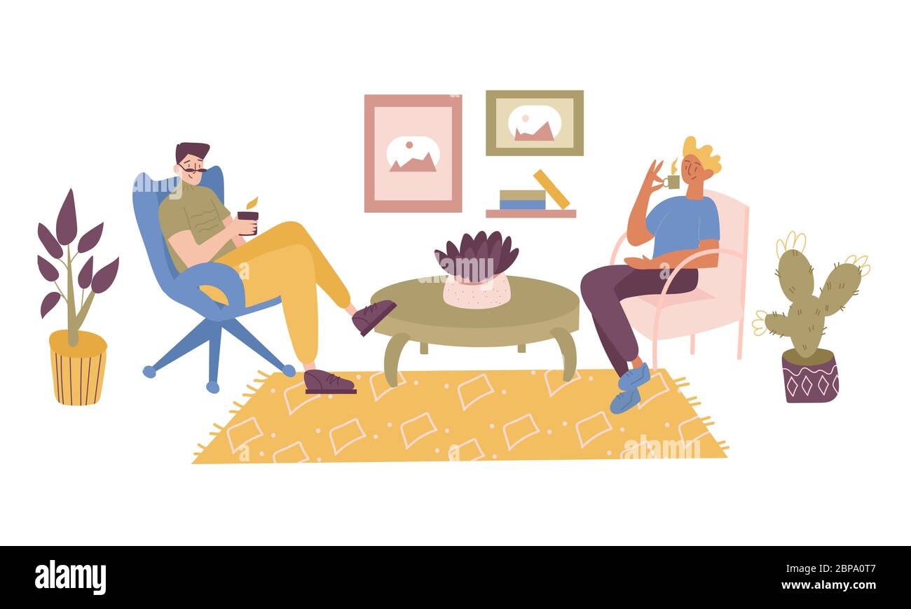 Zwei Freunde, Studenten, Arbeiter oder Kollegen sitzen auf dem bequemen Stuhl im Büro oder zu Hause, ruhen nach einer Arbeit oder eine Pause, Lesen ein Stock Vektor