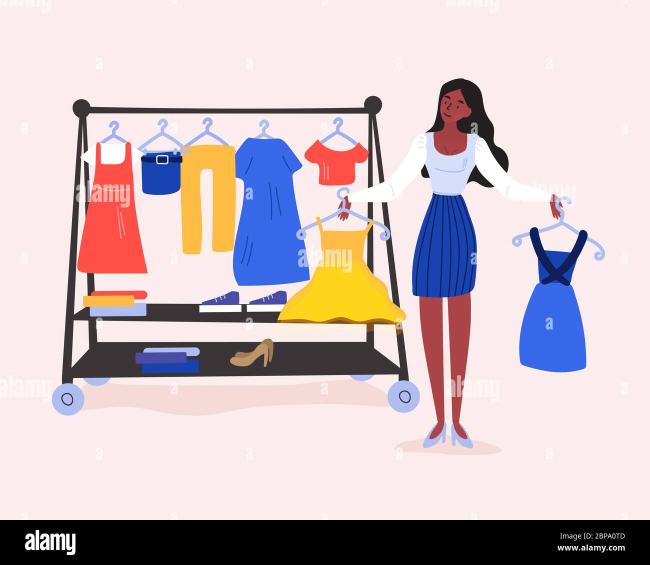 Schwierige Einkaufsentscheidung. Das junge Mädchen kann nicht entscheiden, welches Kleid sie im Laden kaufen oder was sie für das Datum anziehen soll. Pinker Hintergrund Stock Vektor