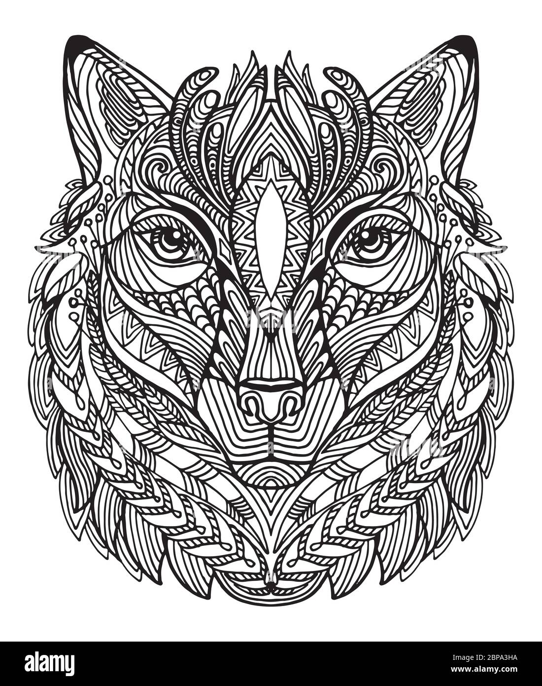 Vektor dekorativen Doodle ornamentalen Kopf des Wolfes. Abstrakte Vektor-Illustration von Wolf schwarze Kontur isoliert auf weißem Hintergrund. Abbildung des Lagerbestands Stock Vektor