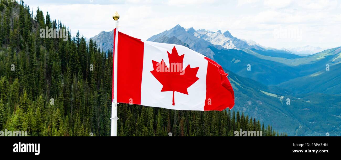 Kanadische Flagge fliegt in einem Nationalpark - breites Panorama Stockfoto