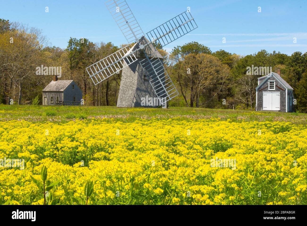 Higgins Farm Windmill (1795) in Brewster, Mass. Auf Cape Cod an einem Frühlingstag. Stockfoto