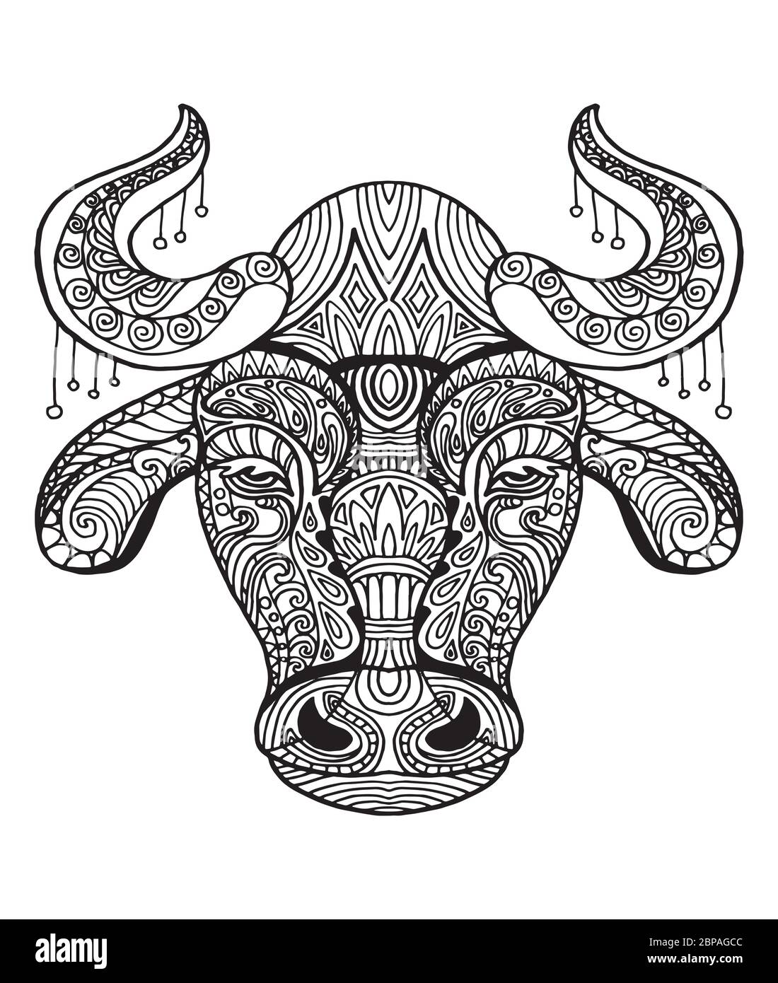 Vektor dekorativen Doodle ornamentalen Kopf des Stiers. Abstrakte Vektor-Illustration von Bull schwarze Kontur isoliert auf weißem Hintergrund. Abbildung des Lagerbestands Stock Vektor